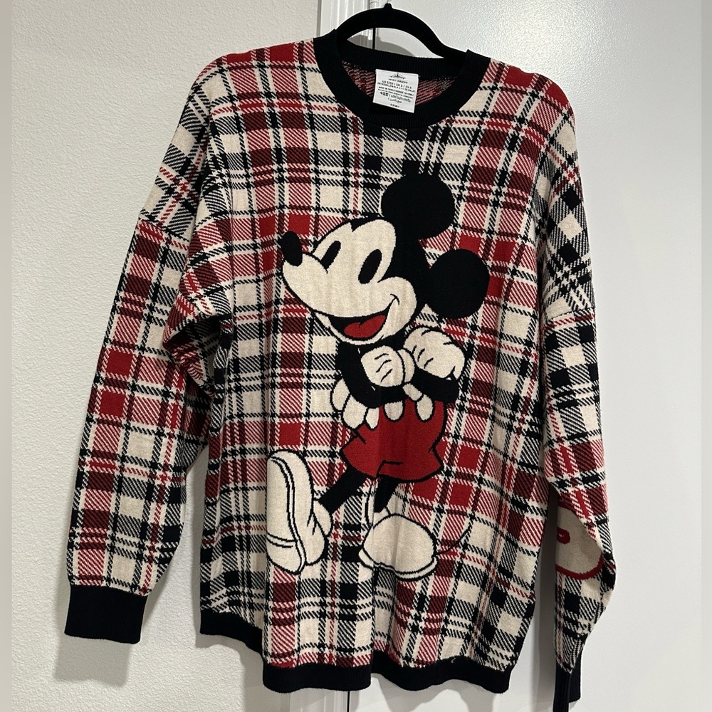 2022 Disney World Holiday Plaid Mickey Spirit Jersey Sweater Red Black SMALL NEW